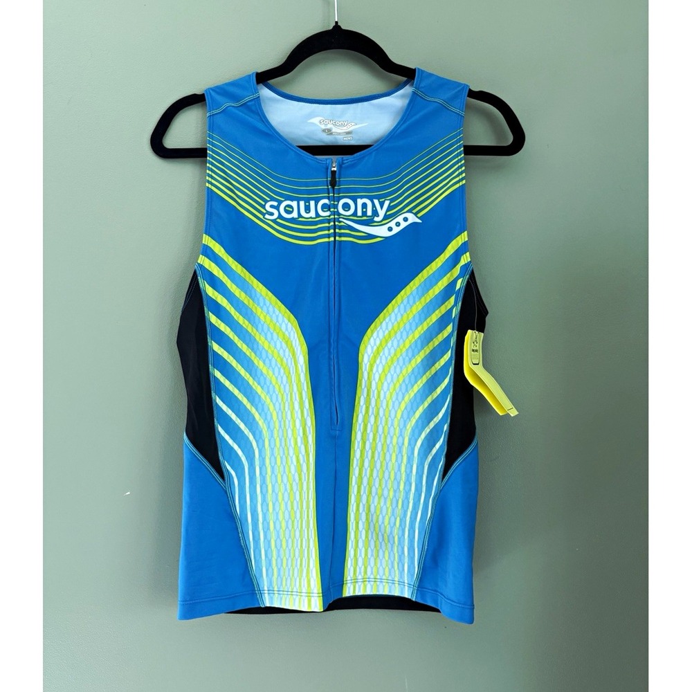Saucony Tri Tank Men's L Cycling Jersey Tank Sleeveless Half Zip Blue Yellow